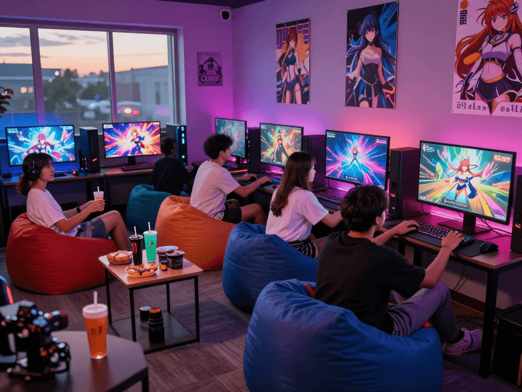 Exciting gaming lounge where friends enjoy multiple hentai games together.
