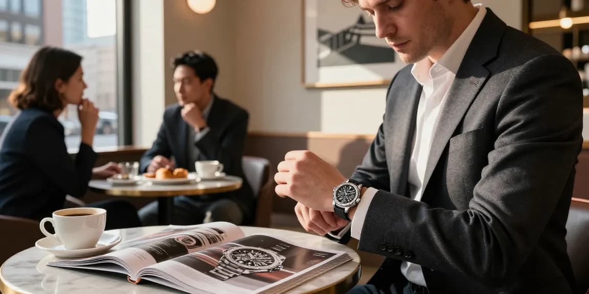 Stylish individual showcasing super clone watches in a downtown café, illuminated by natural light.