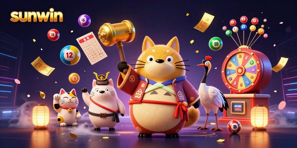 Play exciting games at sunwin with cheerful tanuki and crane in a vibrant casino scene.