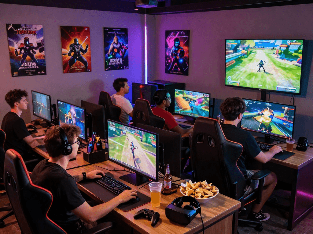 Group enjoying adult games in a vibrant gaming lounge with multiple screens.