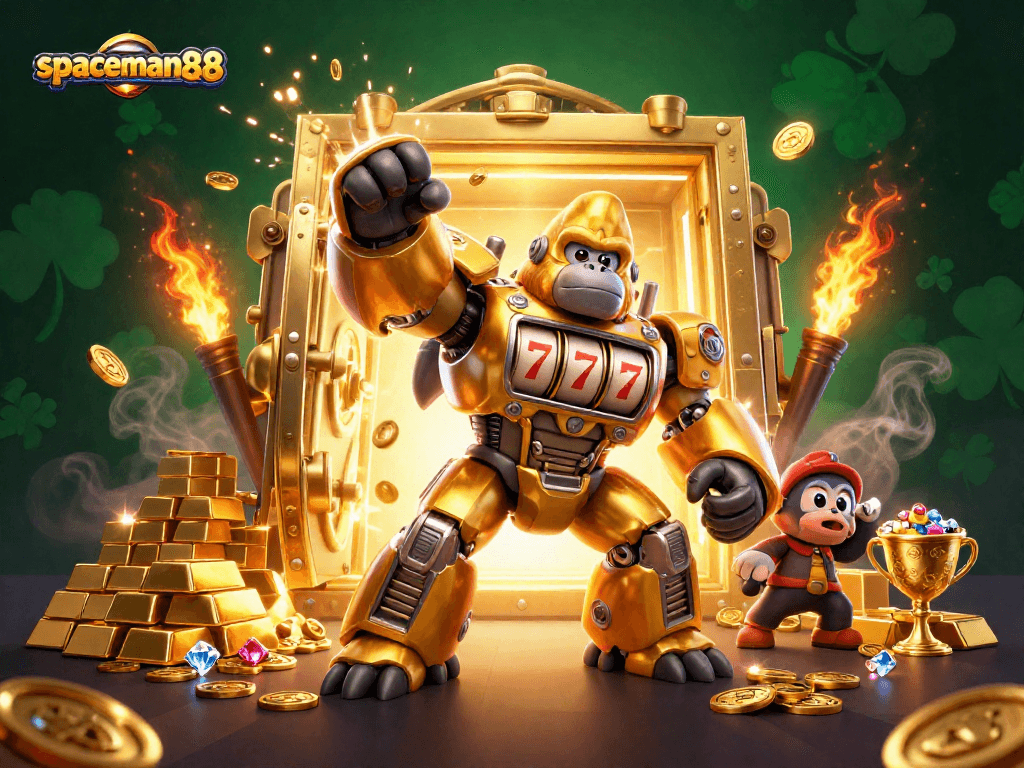Engage with spaceman88 in a vibrant 3D casino scene filled with gold treasures and dynamic action.