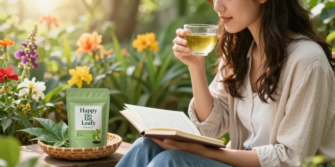 Happy Go Leafy Kratom tea enjoyed by woman in nature, promoting wellness and relaxation.