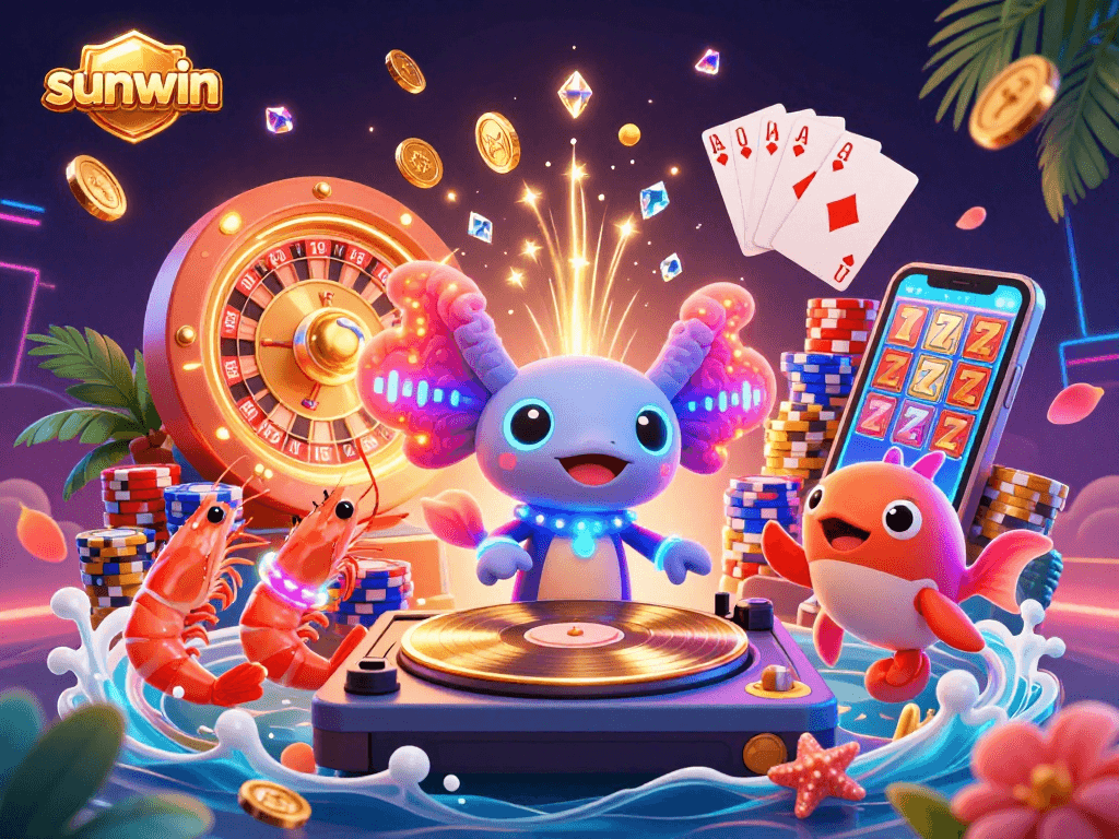 Experience the vibrant world of sunwin with colorful casino elements and energetic characters in this immersive 3D digital illustration.