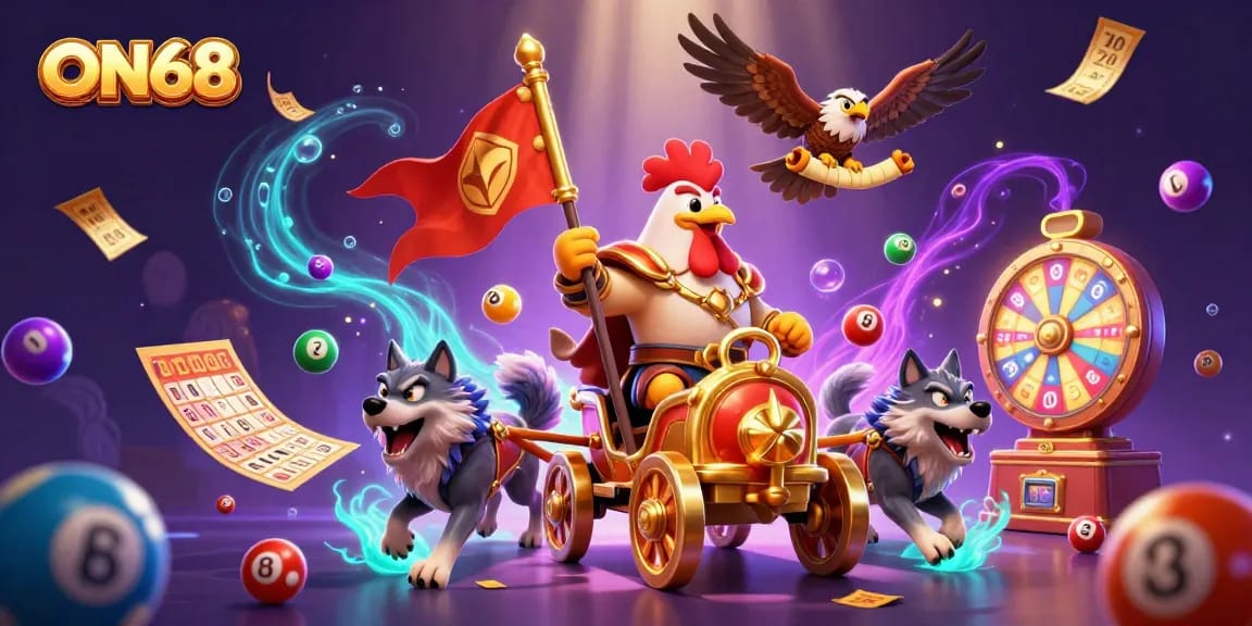 Engage with ON68's thrilling gaming world filled with dynamic lottery balls and a powerful rooster warlord.