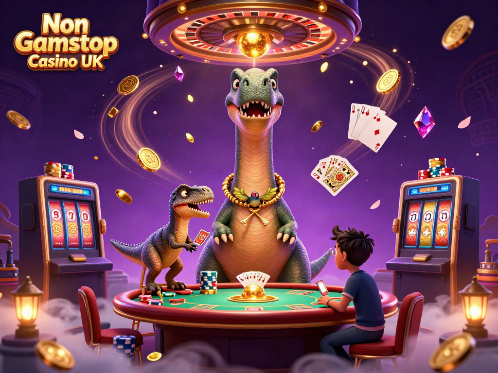 Experience the excitement at Non Gamstop Casino UK with a whimsical casino scene featuring a giant brontosaurus and dynamic poker action.