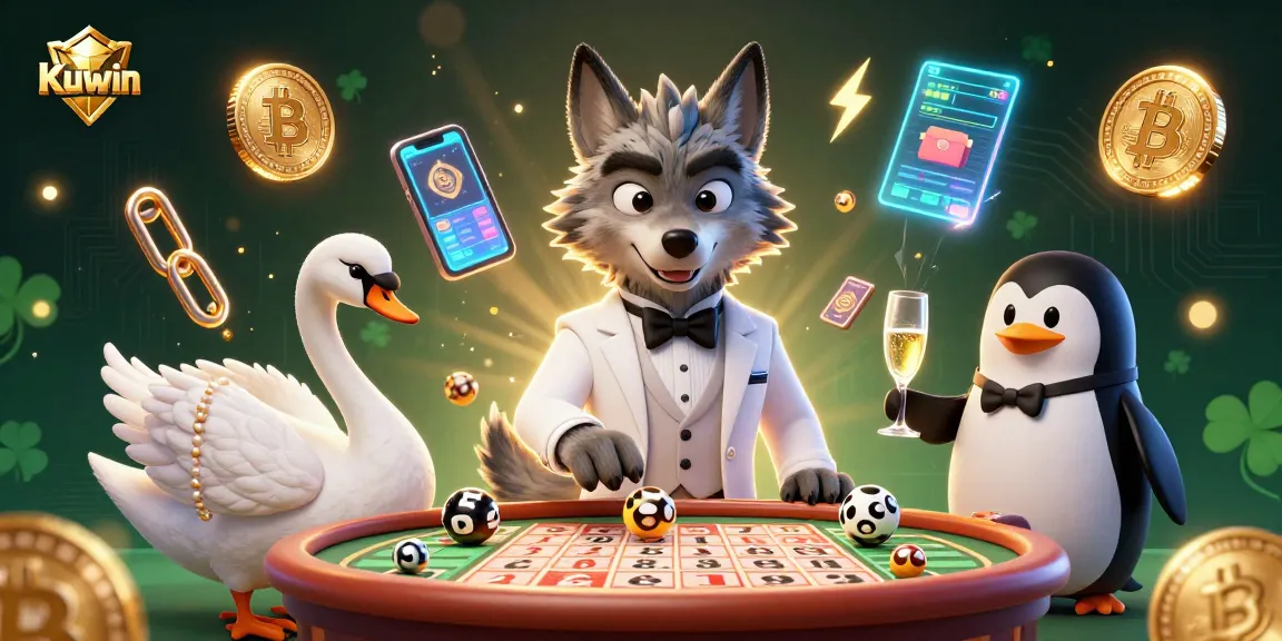 Kuwin offers exciting bingo action with vibrant characters and crypto elements in a dynamic scene.