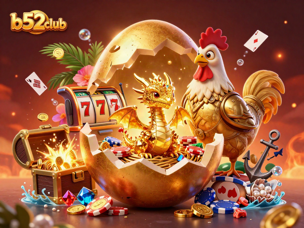 b52club offers thrilling casino experiences with a golden dragon revealing poker chips amidst explosive treasures.
