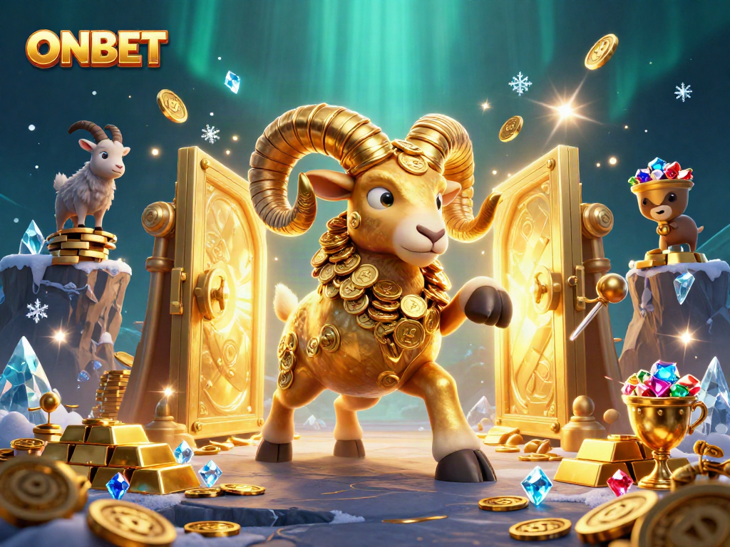 Experience the thrill of winning with ONBET in a vibrant gambling scene filled with golden treasures and lively characters.