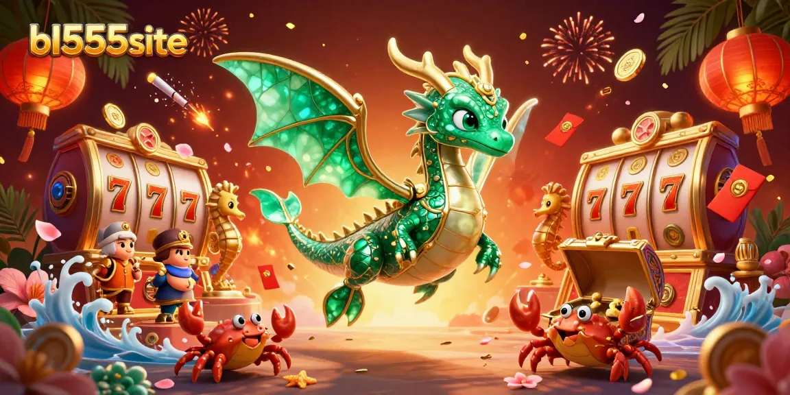 Experience thrilling gaming action at bl555site with a majestic sea dragon, slot reels, and colorful lanterns.