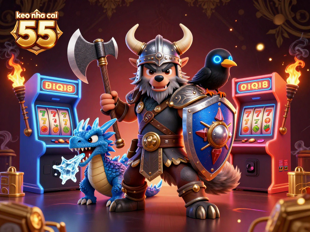 Engage with keo nha cai 55 in a dynamic casino scene featuring a Viking wolf warrior and a dragon.