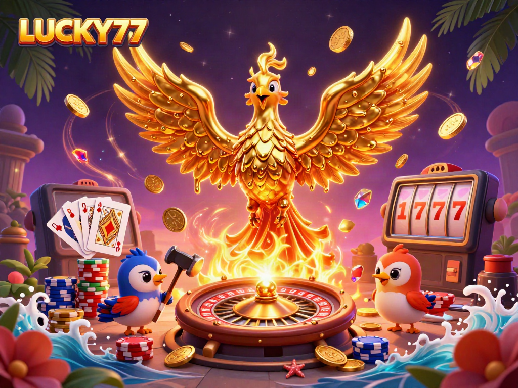 Spin the reels at LUCKY77 with a dazzling phoenix and sparkling casino elements!