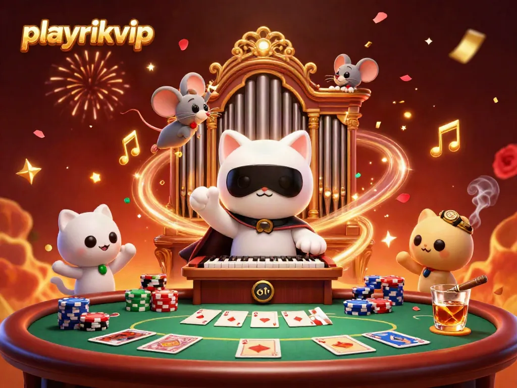 Playrikvip's vibrant casino theme with a whimsical cat organist and colorful poker elements.