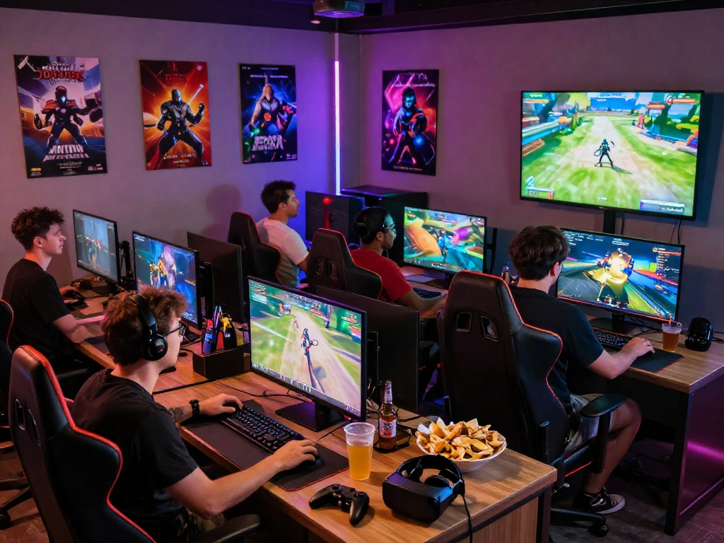 Group enjoying adult games in a vibrant gaming lounge with multiple screens.
