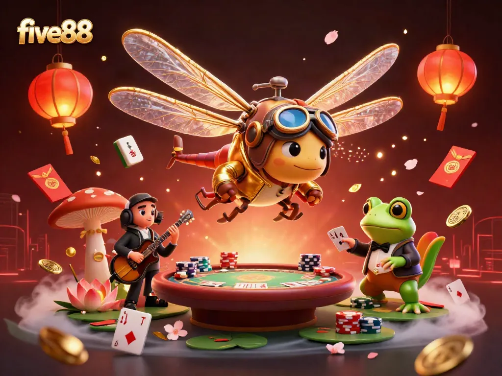 Experience five88 excitement with a dragonfly pilot and frog croupier in a lively casino scene.