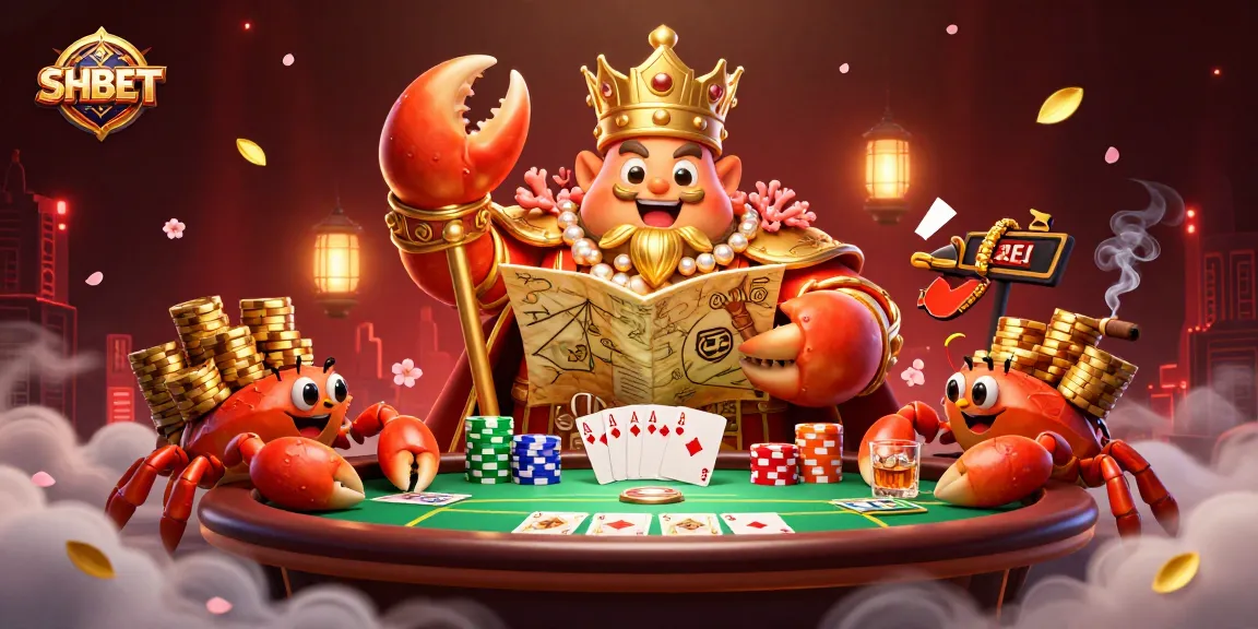 Engage with SHBET's vibrant gaming scene featuring a golden crab and poker elements in a colorful casino.