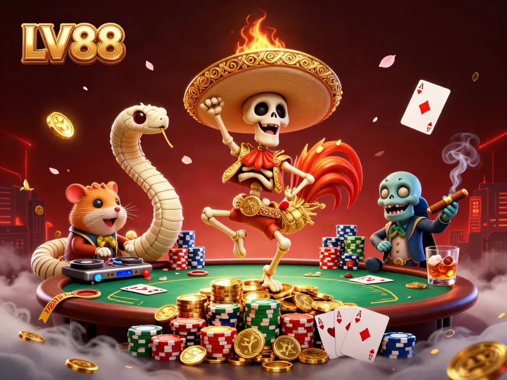 Feel the excitement at LV88 with a vibrant casino scene showcasing lively characters and gaming elements.