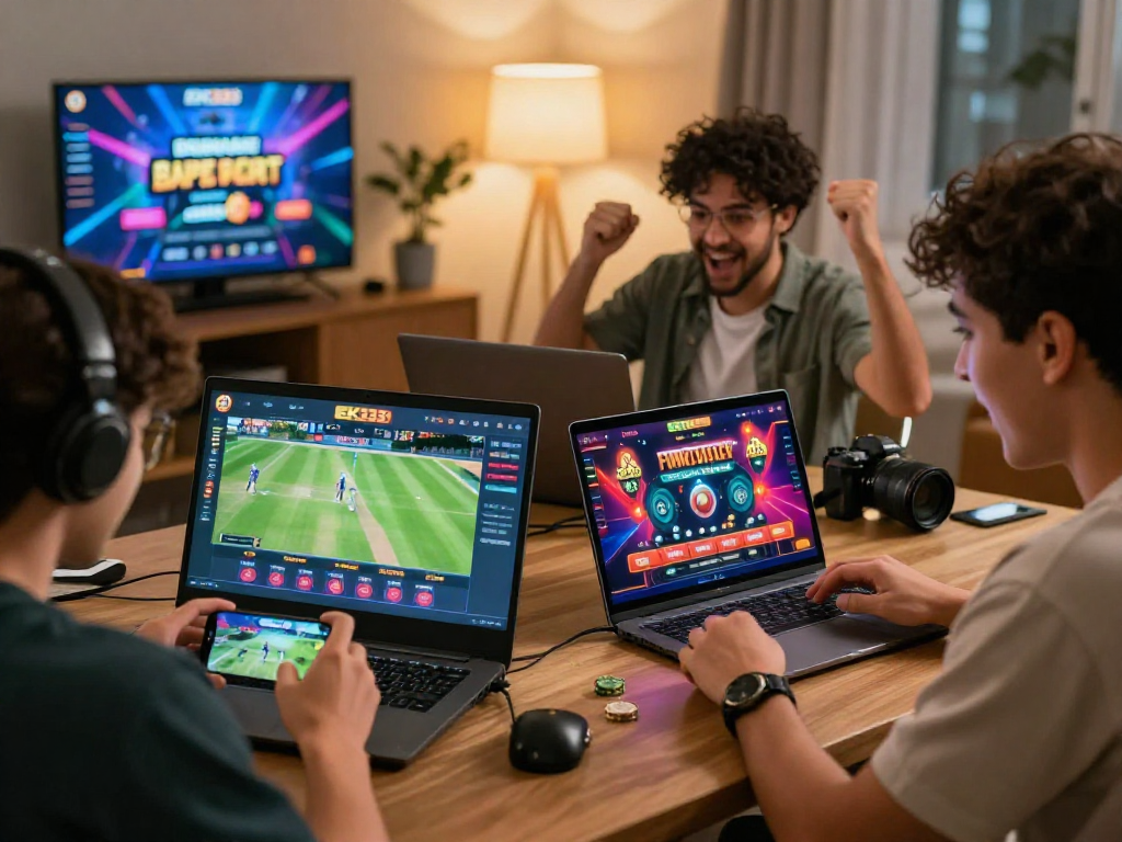 Players engaging in online betting on EK333 with live sports and casino games in a vibrant home atmosphere.