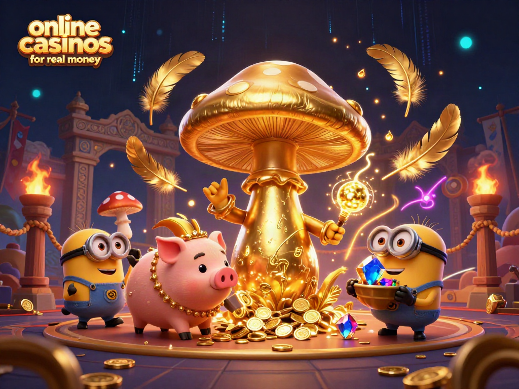 Experience the magic of online casinos for real money with a golden wizard and treasure-hunting pig in vibrant gaming scene.