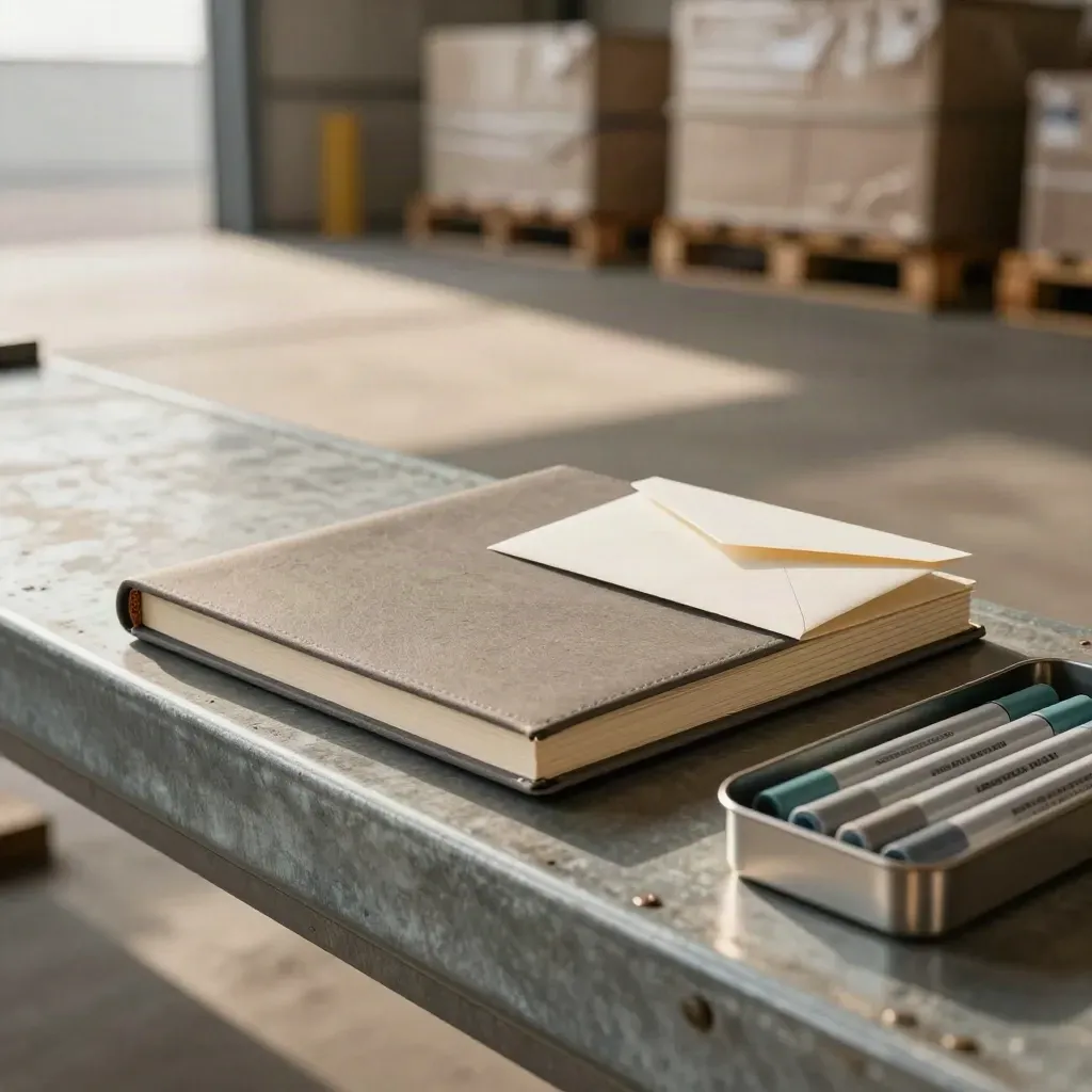 Planning binder, envelopes and marker tray beside a warehouse loading bay