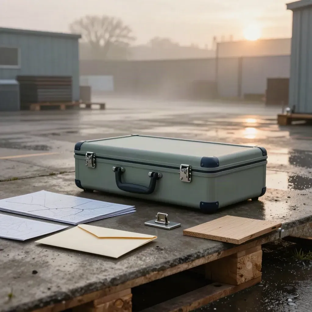 Misty depot hero kit with route boards, metal clip, envelope sleeve and pallet sample on wet concrete.