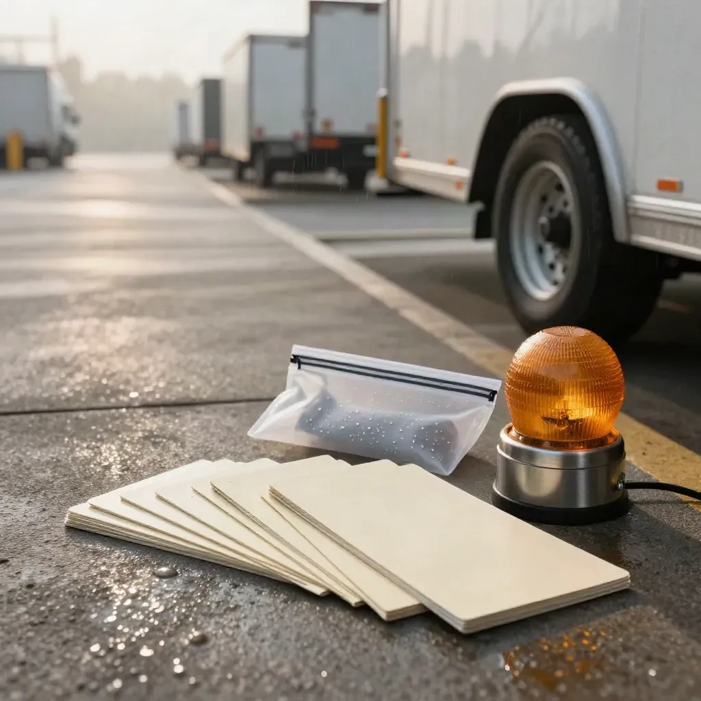 Rain-speckled shipment tracking set by trailers, with blank cards, pouch and signal lamp.