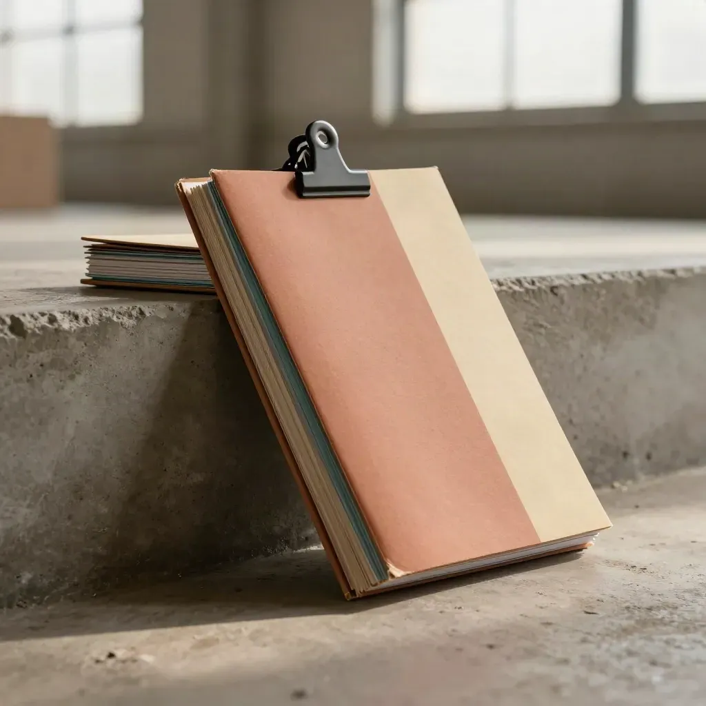 Freight plan dossier with matte clip and teal tabs leaning on concrete in a hazy warehouse bay.