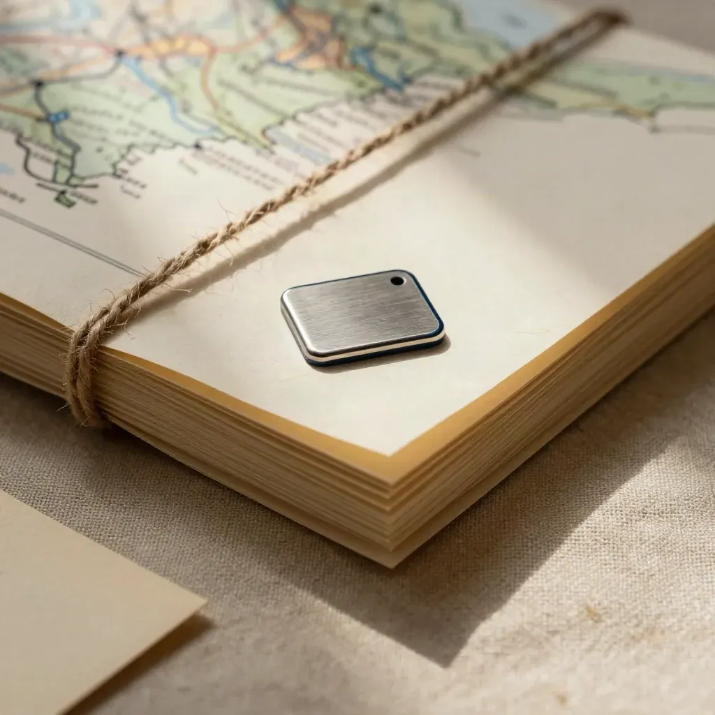 Overhead route pack on rough linen with folded county maps, twine and a metal token.