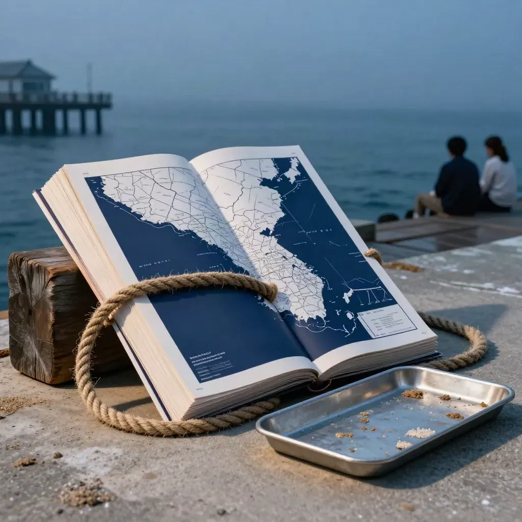 East Coast load plan bundle with map boards, rope tie and salt-stained tray by a harbour at blue hour.