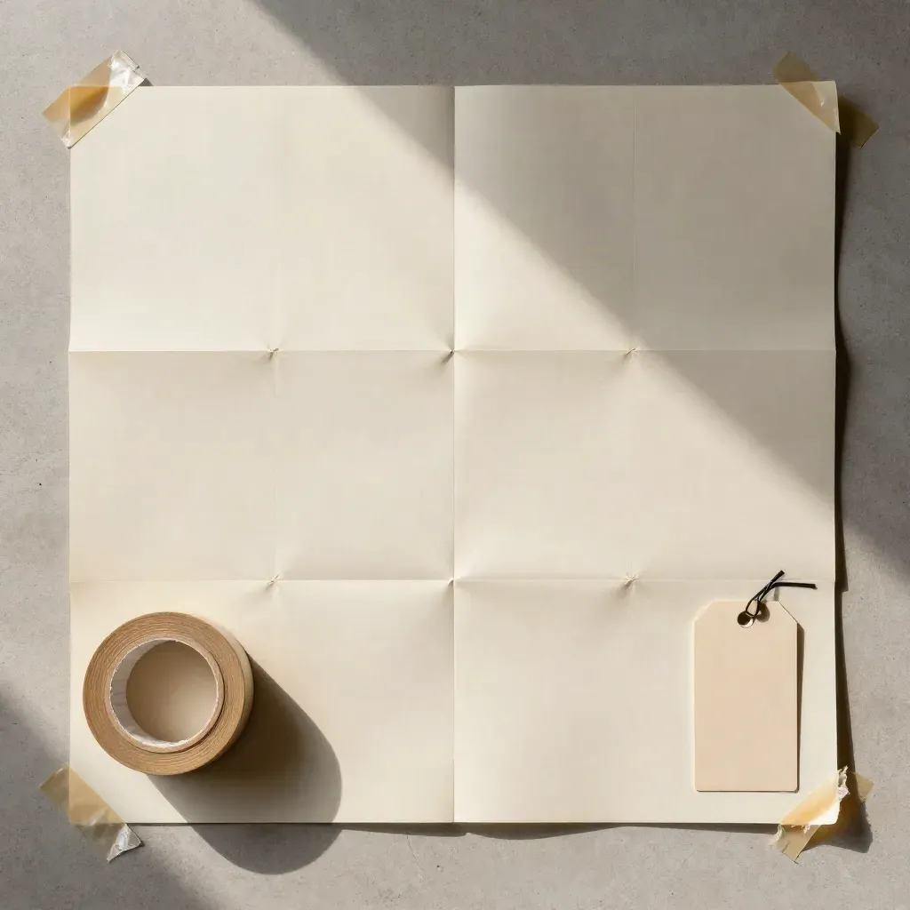Overhead flatlay of dispatch sheets, parcel tags and tape spools on pale concrete.
