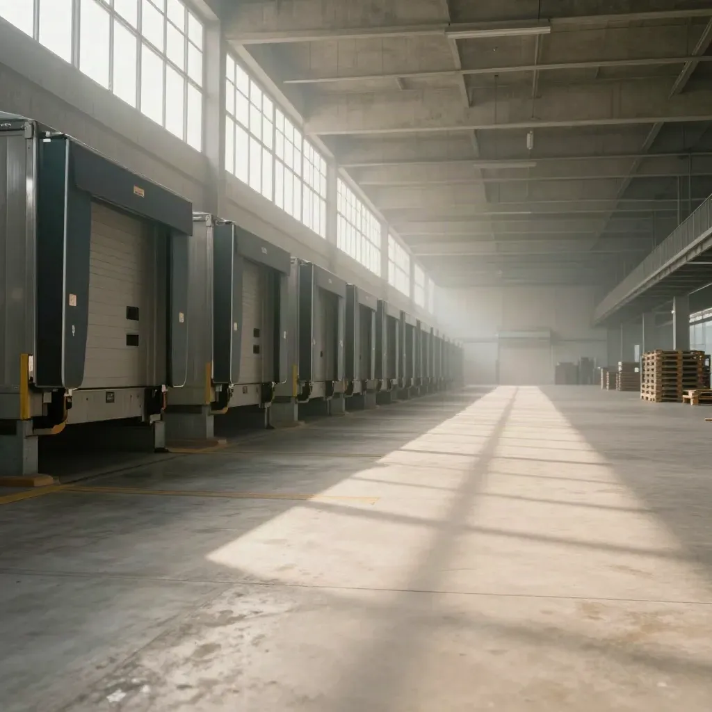 Sunlit warehouse corridor with loading doors, pale concrete floor and muted teal accents.