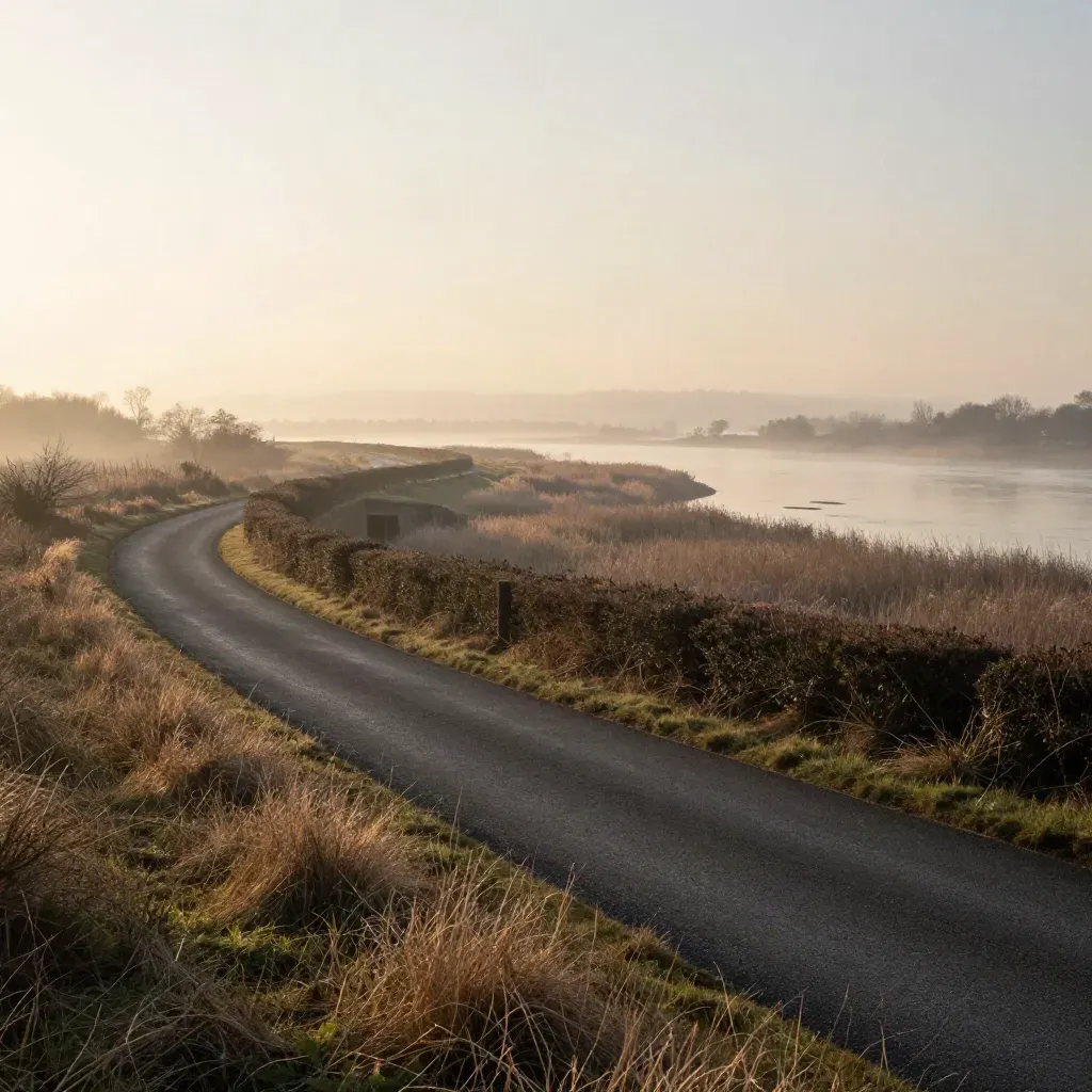 Misty riverbank access road under dawn haze, hedges high and calm open foreground for copy.