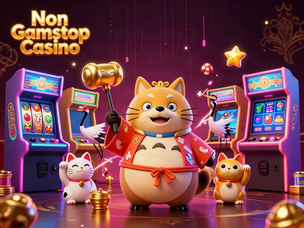Join the fun at Non Gamstop Casino with a vibrant scene featuring cartoon characters and gaming elements.