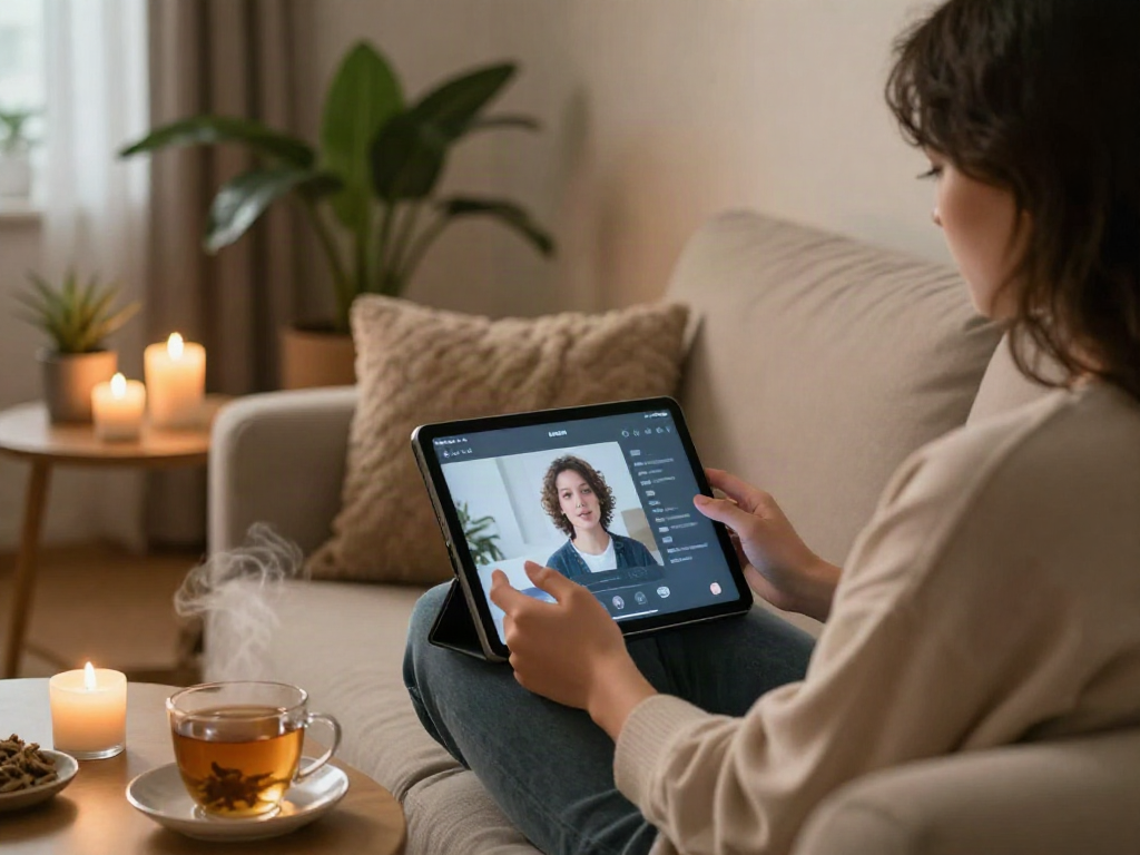 Engaging in ai sex chat on a tablet in a cozy home setting.