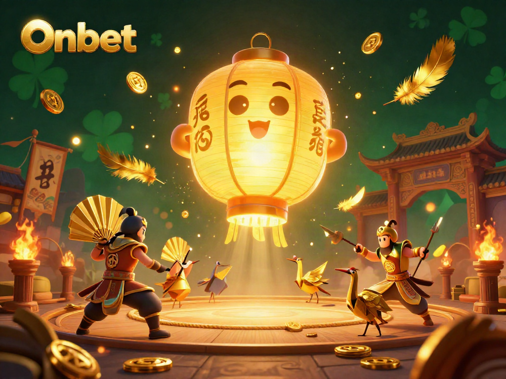 Onbet's vibrant casino illustration featuring a golden lantern spirit among dynamic gaming elements