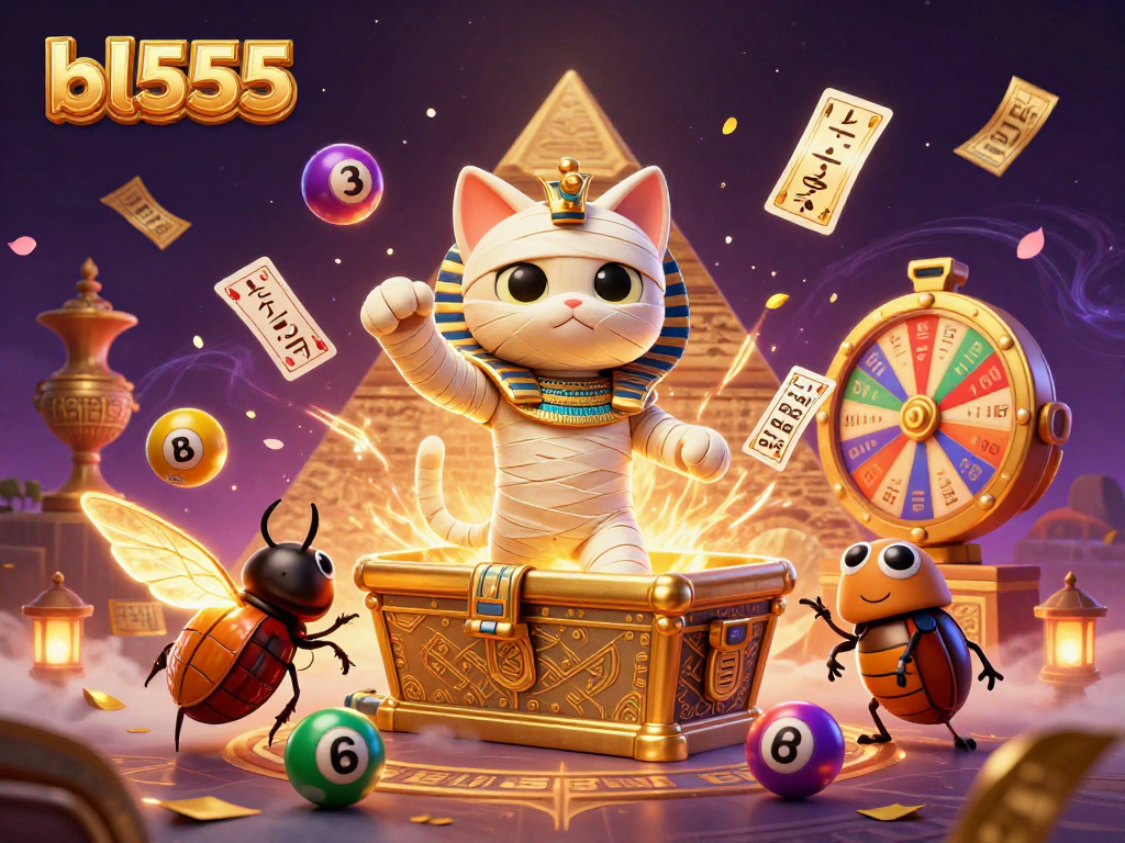 Experience bl555's electrifying casino action with a mummy cat and scarab beetle in a dynamic gaming scene.
