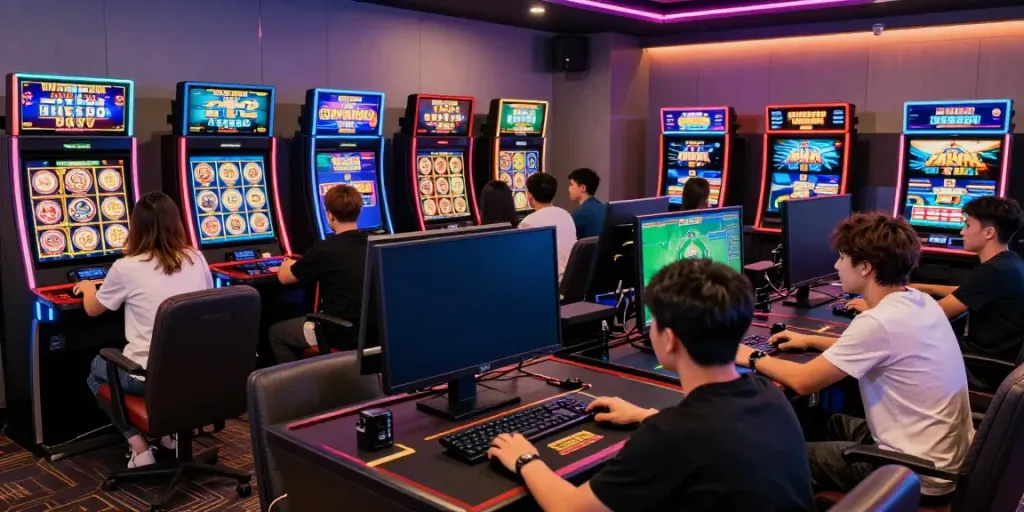 Action-packed gaming atmosphere at GEM88 with diverse players enjoying various games and promotions.