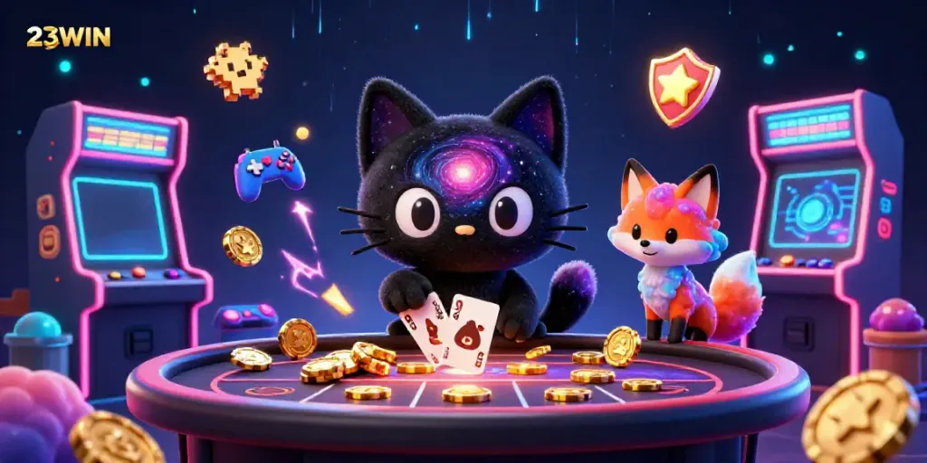Engage with the thrilling world of 23WIN, where a black hole cat attracts golden chips and cards at a cosmic casino table.
