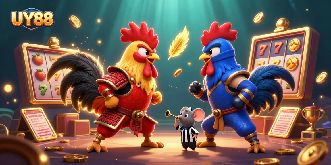 Bet big with UY88 at the vibrant online casino featuring dramatic rooster standoff.