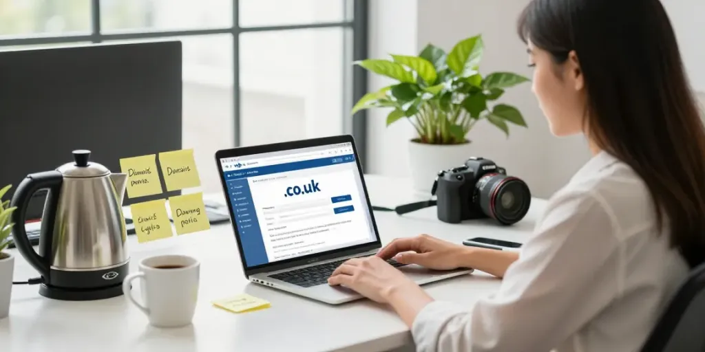 Engaging scene of a professional checking .co.uk domain registration on her laptop in a bright office environment.