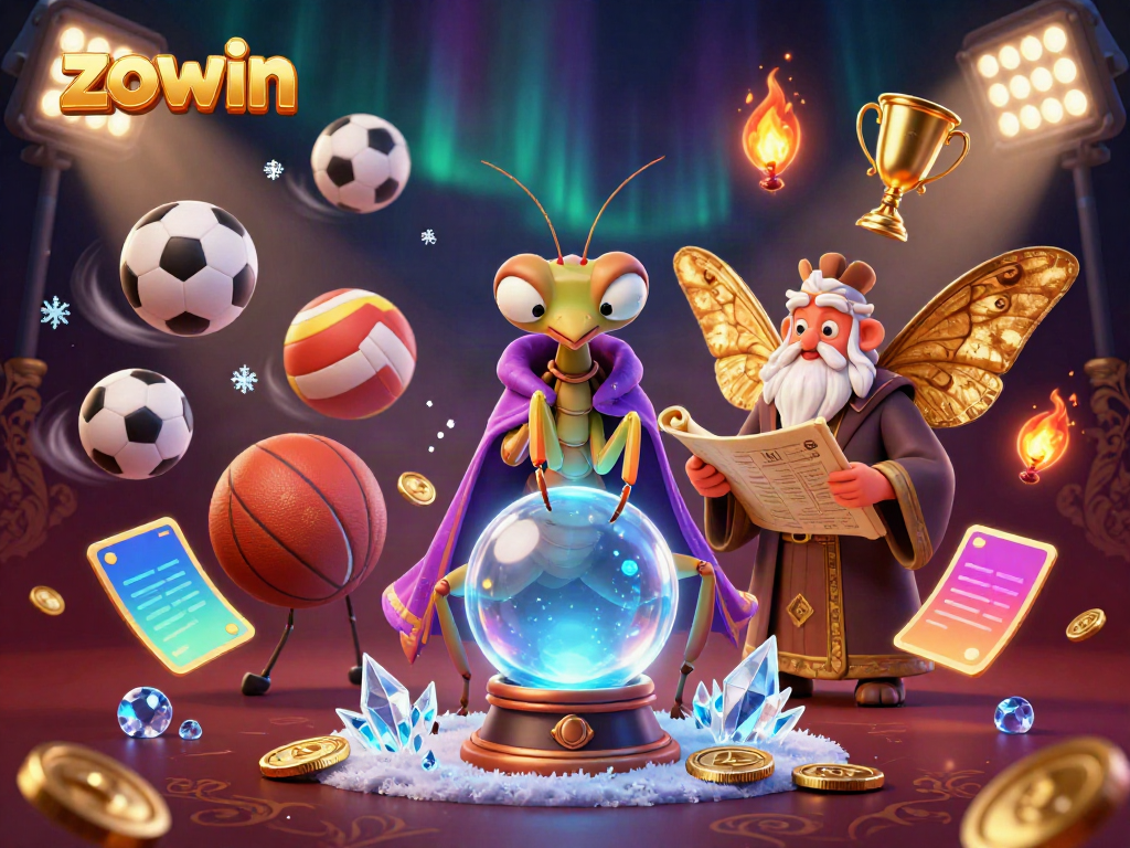 Engage with zowi's mystical casino scene, featuring fortune tellers, sports balls, and energetic elements.