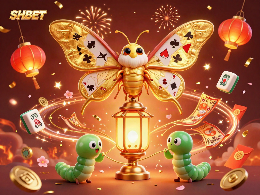 Engaging SHBET scene showcasing a cartoon atlas moth among casino elements and festive fireworks.