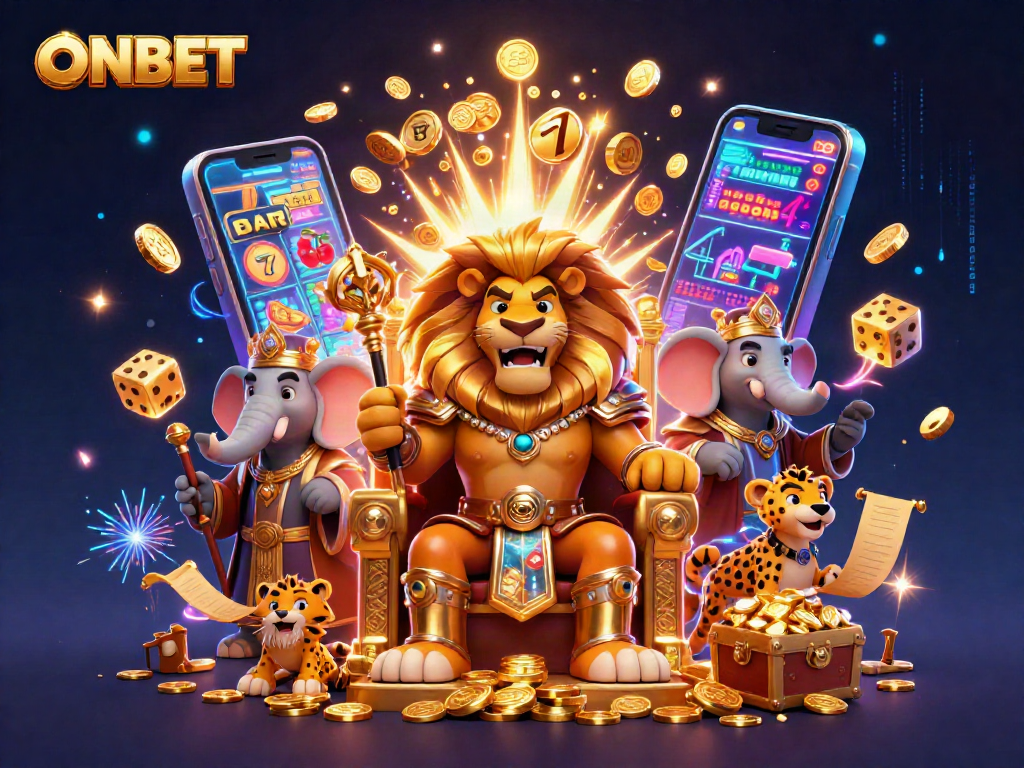 ONBET inspires excitement with vibrant 3D casino scene featuring majestic characters and slot winnings.