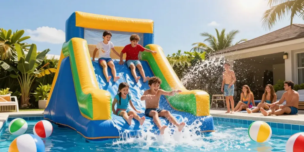 Children sliding down an inflatable water slide at a summer pool party, enjoying fun and laughter.