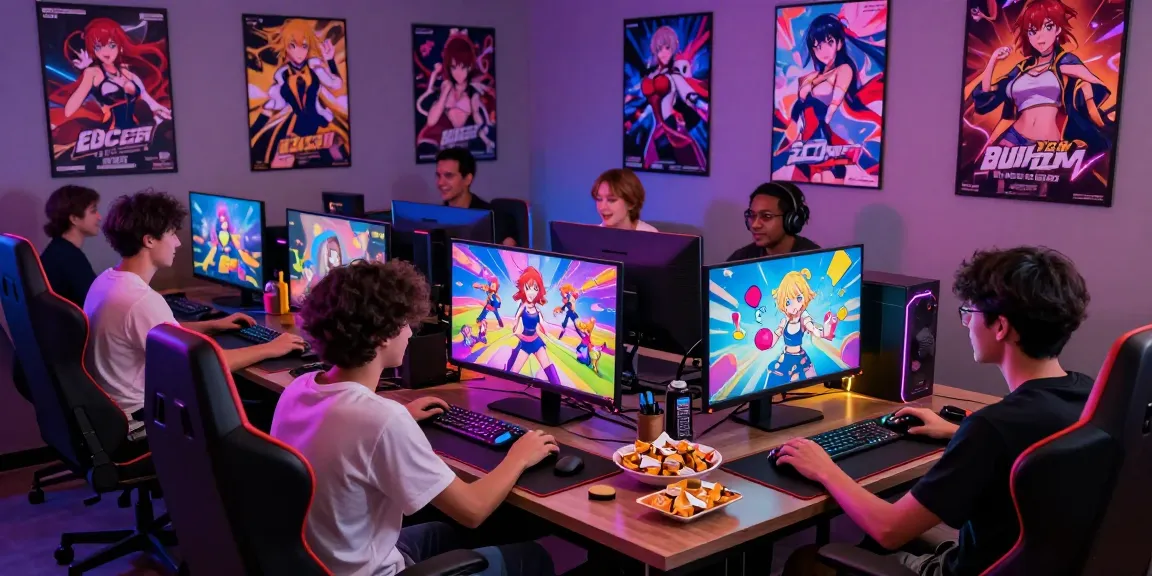 Friends enjoying ecchi games in a lively gaming lounge with vibrant graphics.