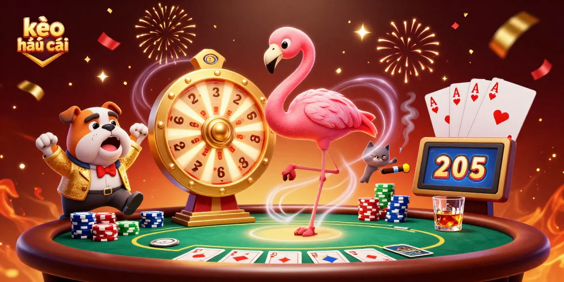 Engage with kèo nhà cái excitement in a vibrant casino scene featuring dynamic characters, poker tables, and colorful prizes.