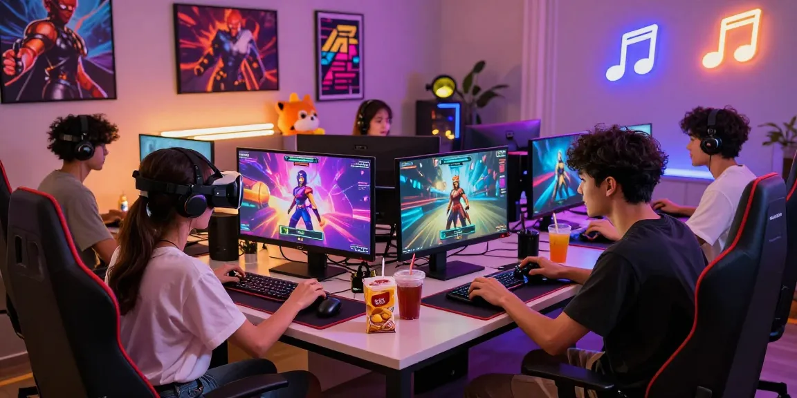 Engaging hentai game session with players immersed in colorful graphics and VR headset, showcasing a lively gaming atmosphere.