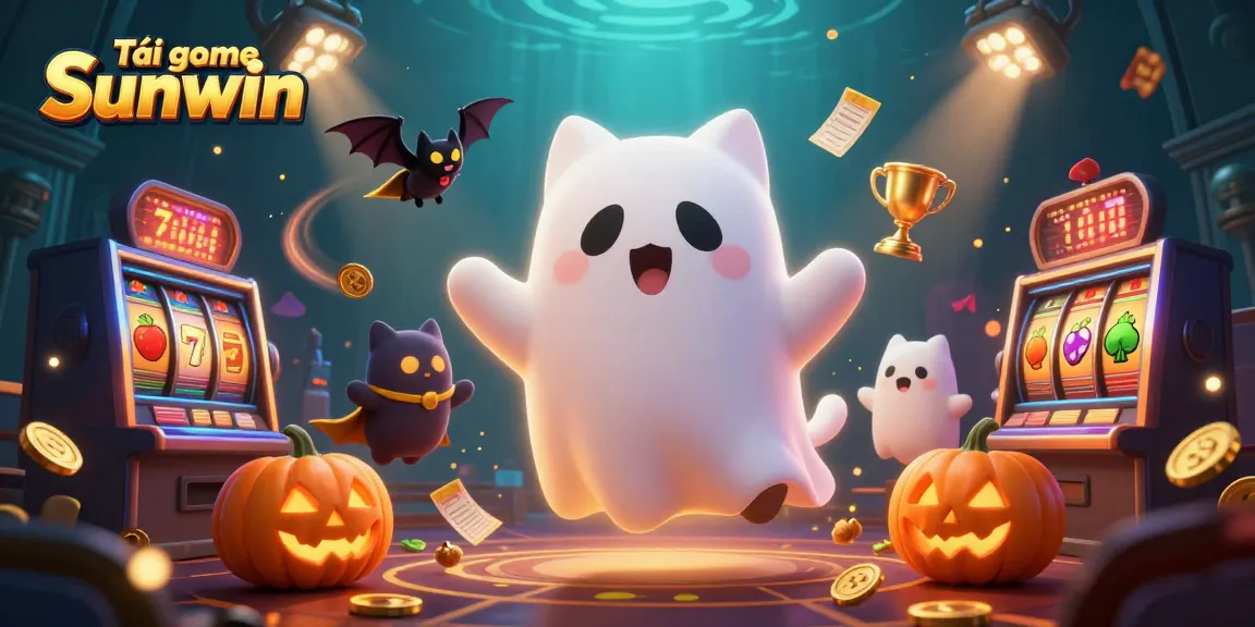 Tải game Sunwin in a vibrant casino scene with a ghost cat, bat, and glowing pumpkins.