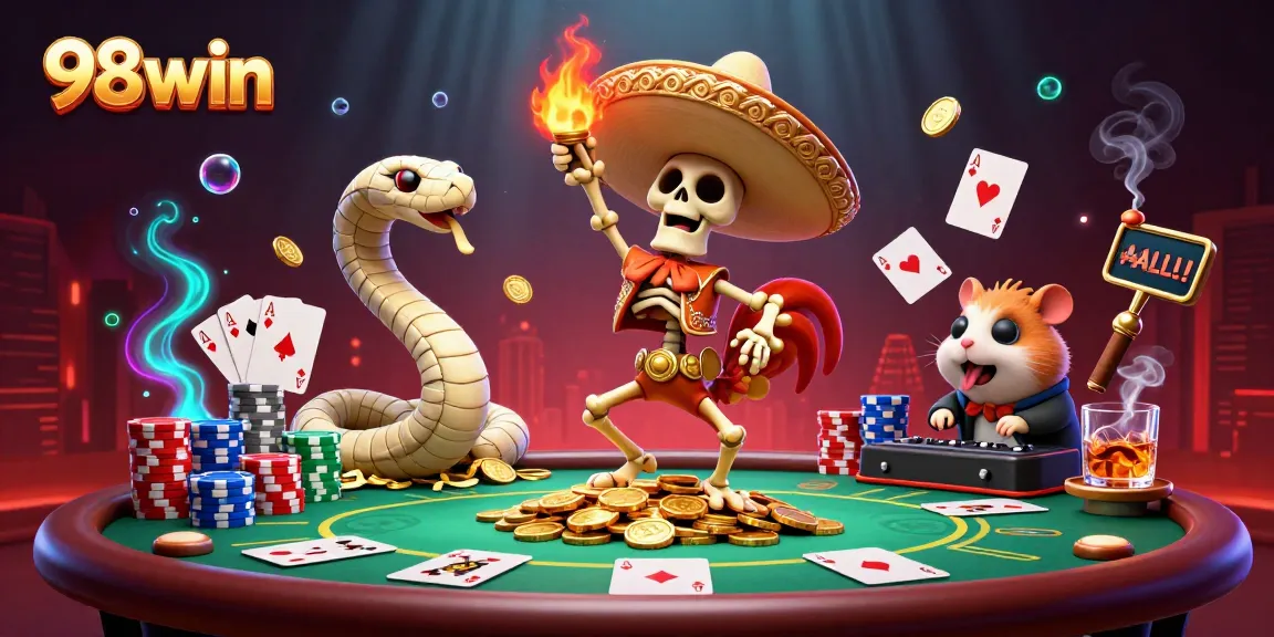 Experience thrilling victories at 98win with festive characters dancing amidst colorful poker elements.