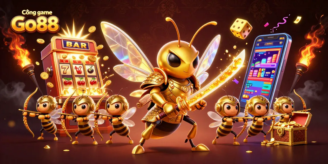 Cổng game Go88 showcases dynamic 3D illustration with vibrant scenes of excitement and rewards, featuring golden hornet and slot machine.