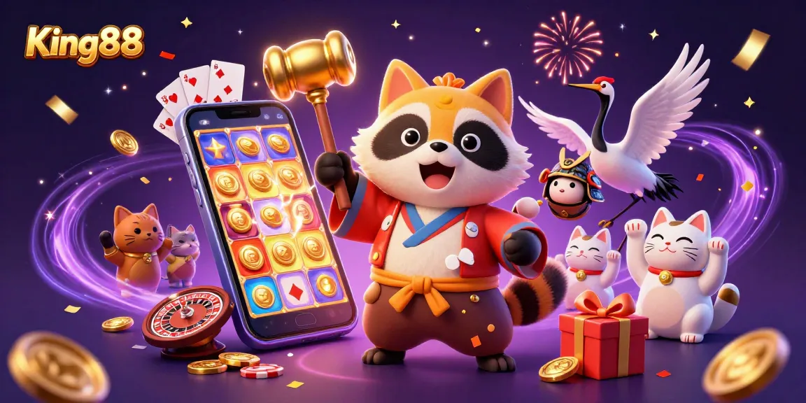 Experience King88's festive casino adventures with cheerful characters, games, and vibrant visuals.